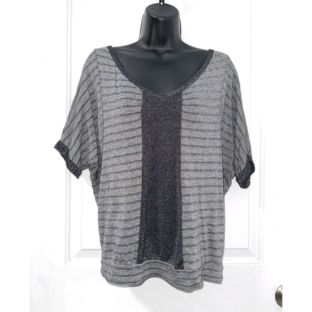 Vanity Y2K Grey Striped V neck top with Dolman style sleeves
